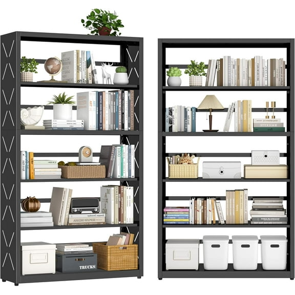5 Tier Bookshelf, 55" Tall Bookcase, Metal Bookcase with Adjustable Shelves and Book Stopper, Modern Bookshelf for Bedroom, Living Room, Home Office, Library, Black(55" H*31" W*10" D), Black