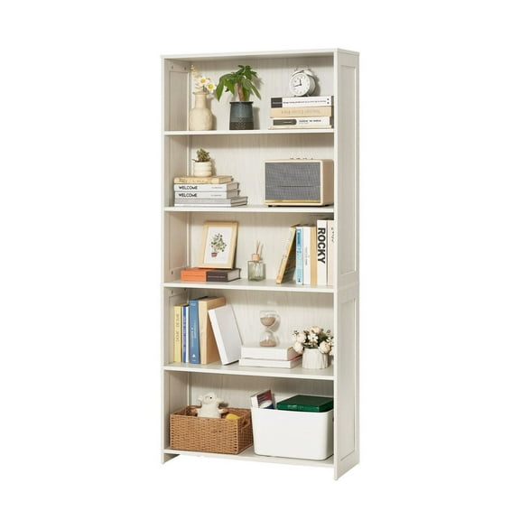 5 Tier Bookshelf, 68 in Wooden Bookcase - Open Display Storage, Freestanding Tall Bookcase for Living Room, Bedroom, Office - White Finish