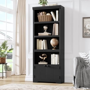 5 Tier Bookshelf, 69" Tall Farmhouse Bookcase with 2 Doors & Adjustable Shelves - Open Display Storage Rack with Anti-Slip Design for Home Office, Balcony, Library, Study, Living Room, Black