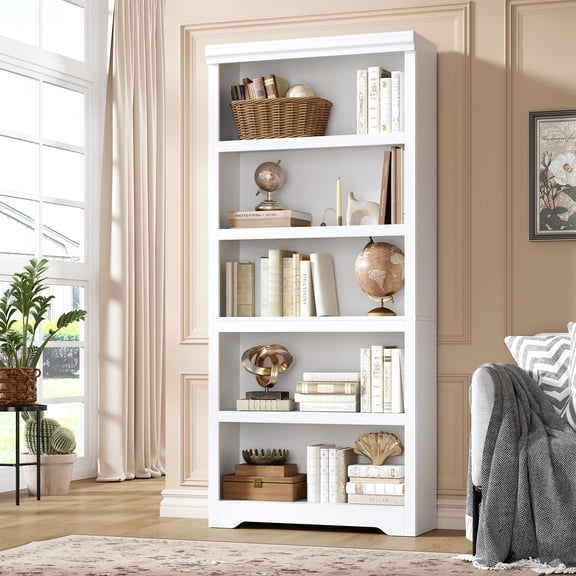 5 Tier Bookshelf, 69" Tall Farmhouse Bookcase - with Adjustable Shelves, Floor Standing Open Display Storage Rack with Anti-Slip Design for Home Office, Balcony, Library, Study / Living Room, White