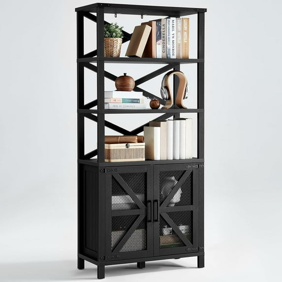5 Tier Bookshelf 70" Tall Bookcase with Barn Doors,Large Farmhouse Display Book Shelf with Adjustable Shelves and Storage Cabinet,Library Wood Bookshelves for Living Room,Kitchen,Antique Black