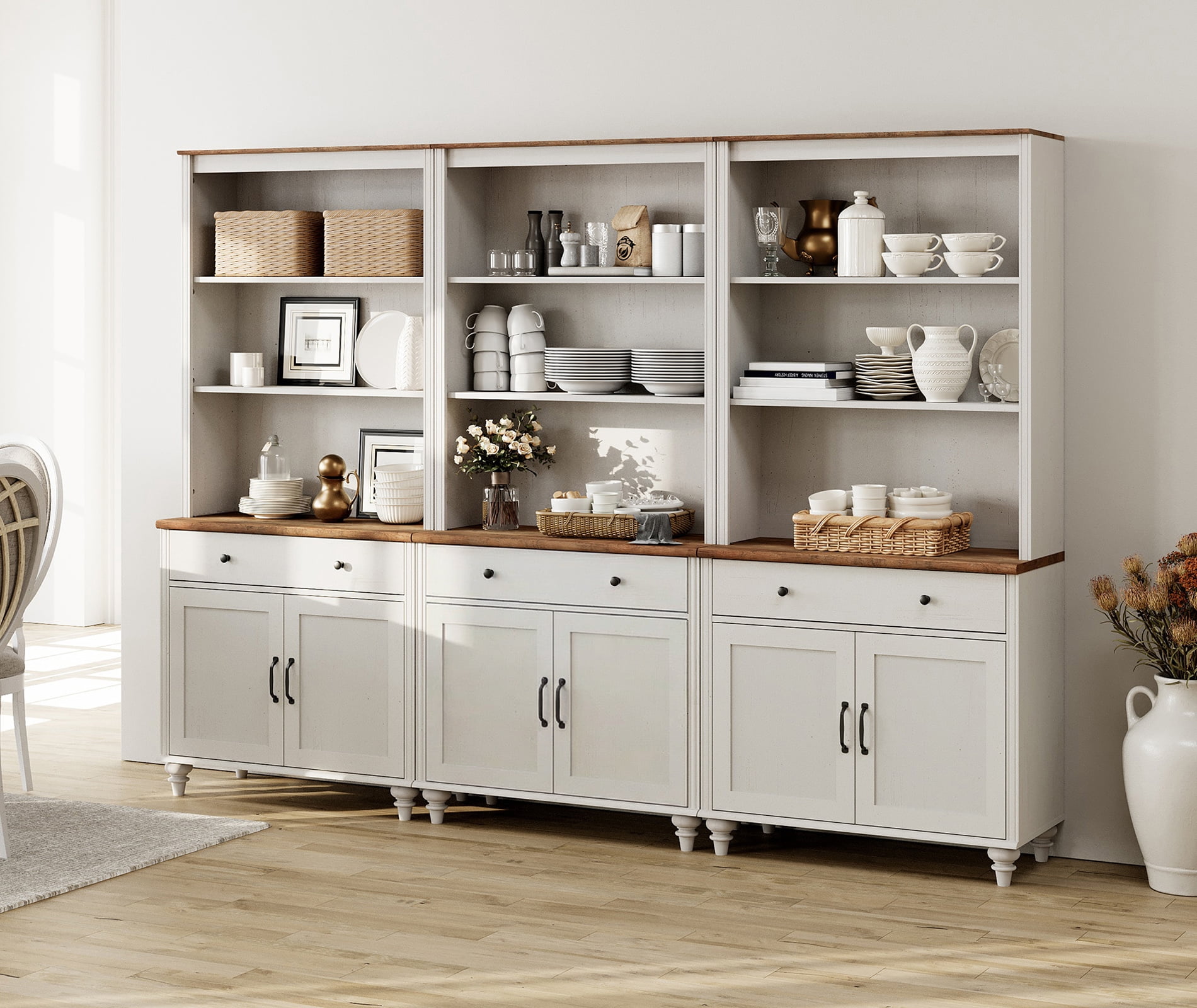 5 Tier Bookshelf 72" Tall Bookcase with Barn Doors, Large Farmhouse Display Book Shelf with 3 Drawers and Storage Cabinet, 3-in-1 Library Wood Bookshelves for Living Room or Kitchen, White