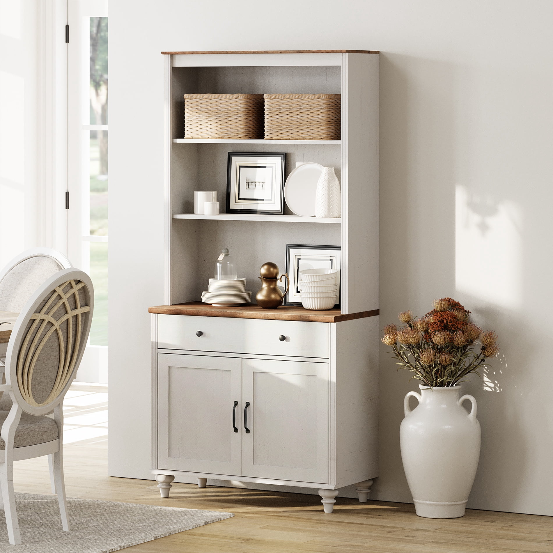 Sideboard Buffet Cabinet, 5 Tier Bookshelf, 72" Tall Bookcase, Large Farmhouse Display Book Shelf with Wood Doors and Storage Cabinet，Library Wooden Bookshelves for Living Room, Kitchen, White