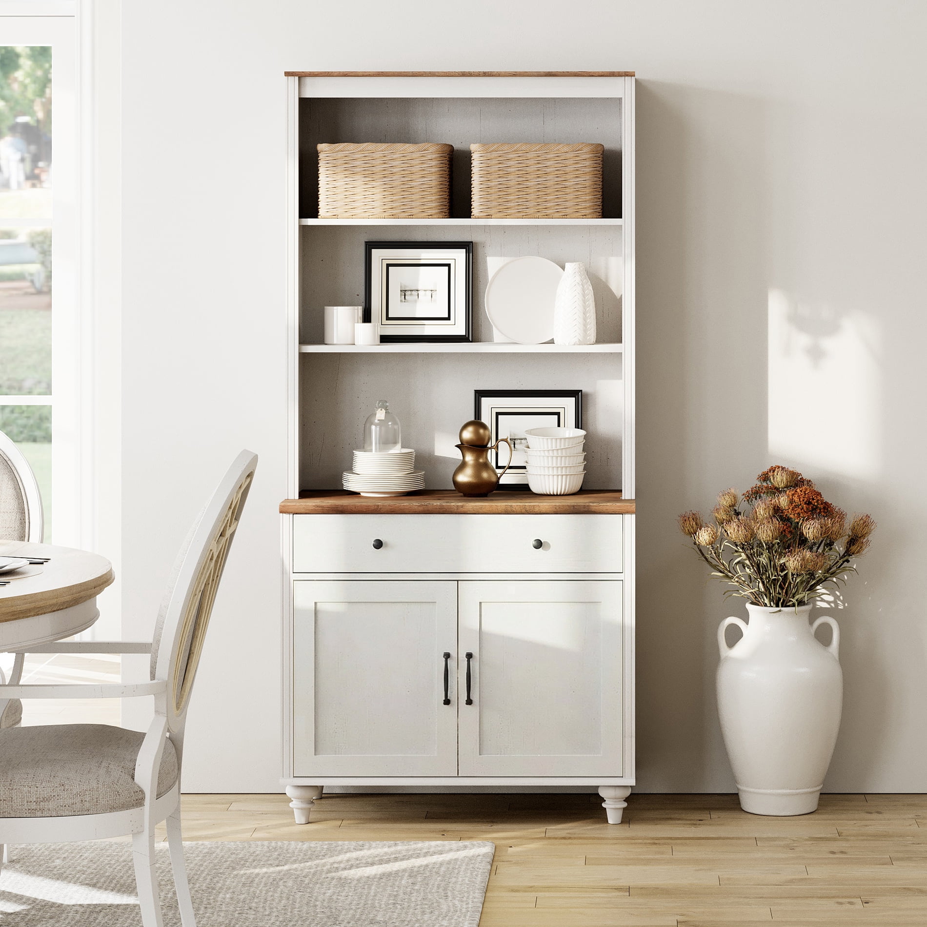 5 Tier Bookshelf 72" Tall Bookcase with Barn Doors, Large Farmhouse Display Book Shelf with Wood Doors and Storage Cabinet，Library Wooden Bookshelves for Living Room, Office, Kitchen, White