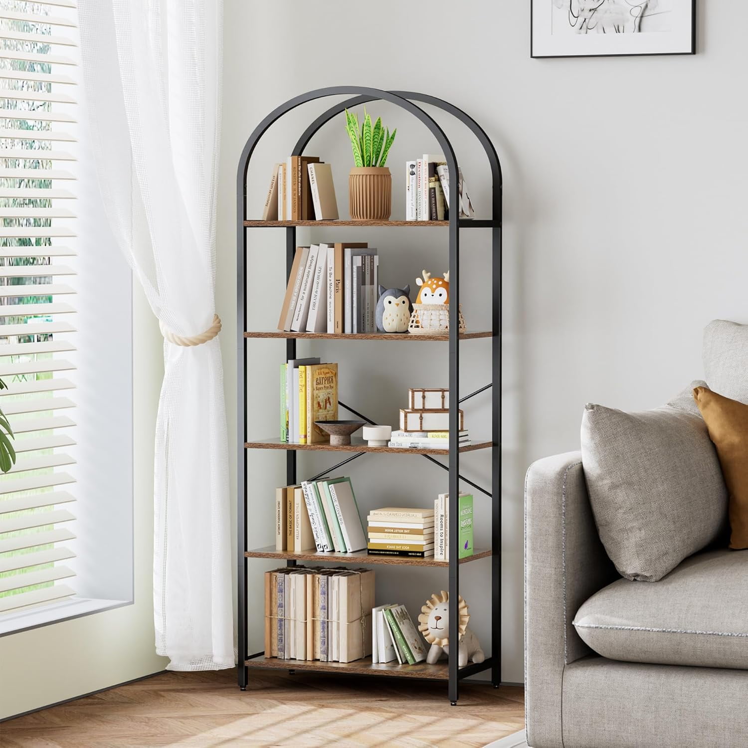 Bookshelf Arched Display Racks, Wood and Metal Bookcase, Tall Bookshelf ...