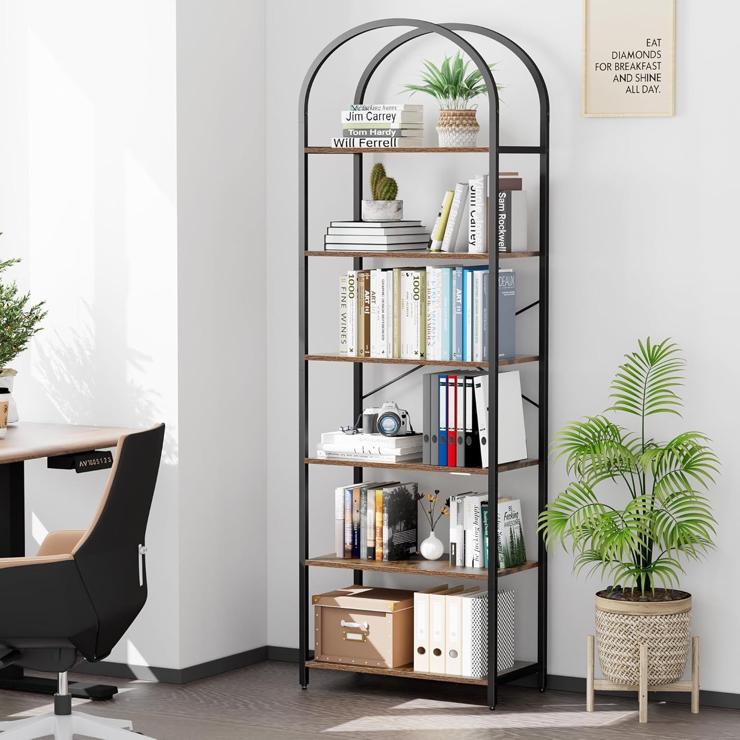 5-Tier Bookshelf Arched Display Racks, Wood and Metal Bookcase, Tall ...