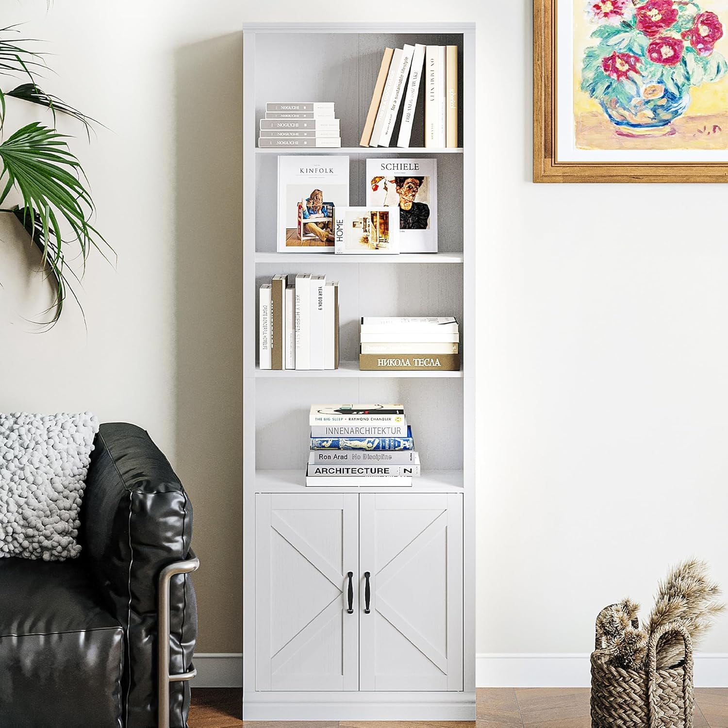 5 Tier Bookshelf Bookcase with Cabinet Doors, 70 in Tall Wooden ...