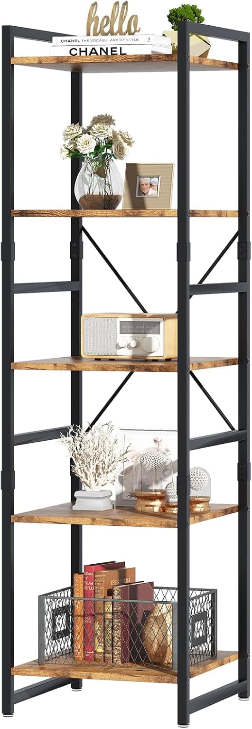 5 Tier Bookshelf Bookshelves, Tall Narrow Bookcase with Shelves, Wood