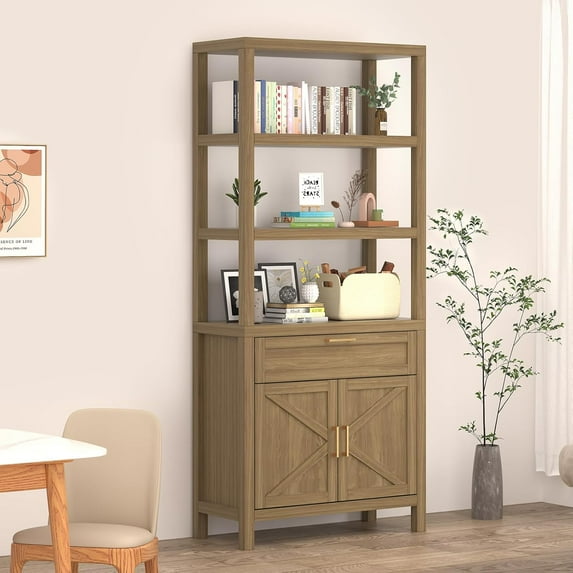 5 Tier Bookshelf with Drawer, 71 in Tall Farmhouse Bookcase with 3 Open Shelves, 2-Door Cabinet, Modern Wooden Dispaly Shelf Cabinet with Storage for Living Room, Bedroom, Walnut