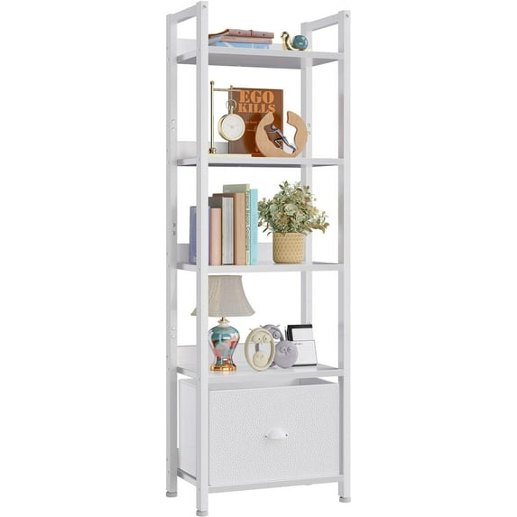 Bookshelf with Drawer, Tall Narrow Bookcase with Shelves, Wood and Metal Bookshelves Storage Organizer, Industrial Display Standing Shelf Unit for Bedroom, Living Room
