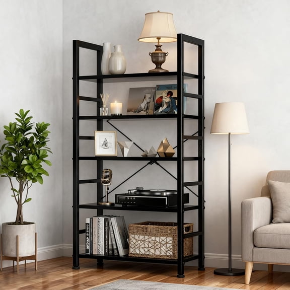 5 Tier Bookshelf, Free Standing Wooden Bookcase with Open Storage Shelves with Metal Frame, Sturdy Shelf Organization Display Rack for Living Room, Bedroom, Home Office, 62.2" Tall