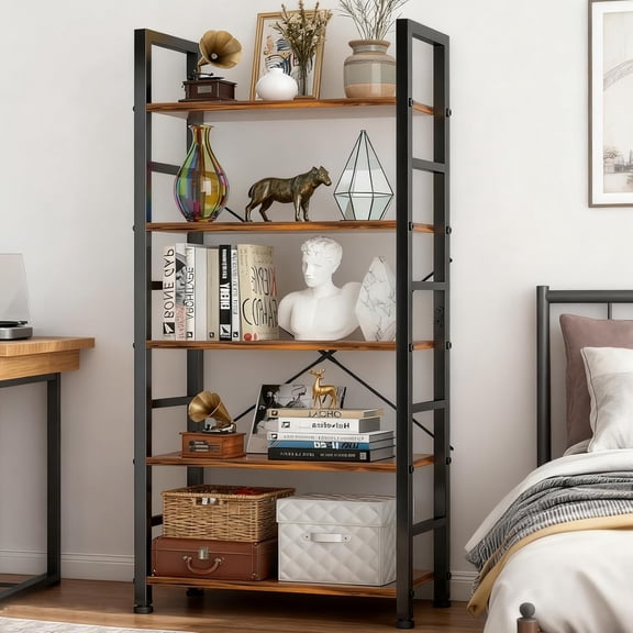 5 Tier Bookshelf, Free Standing Wooden Bookcase with Open Storage Shelves with Metal Frame, Sturdy Shelf Organization Display Rack for Living Room, Bedroom, Home Office, 62.2" Tall