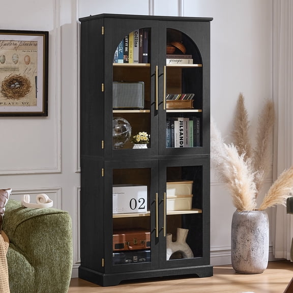 5-Tier Bookshelf with Glass Door, Display Cabinet with Adjustable Shelves, Tall Storage Cabinet for Living Room, Modern Black Bookcase for Living Room/Home Office