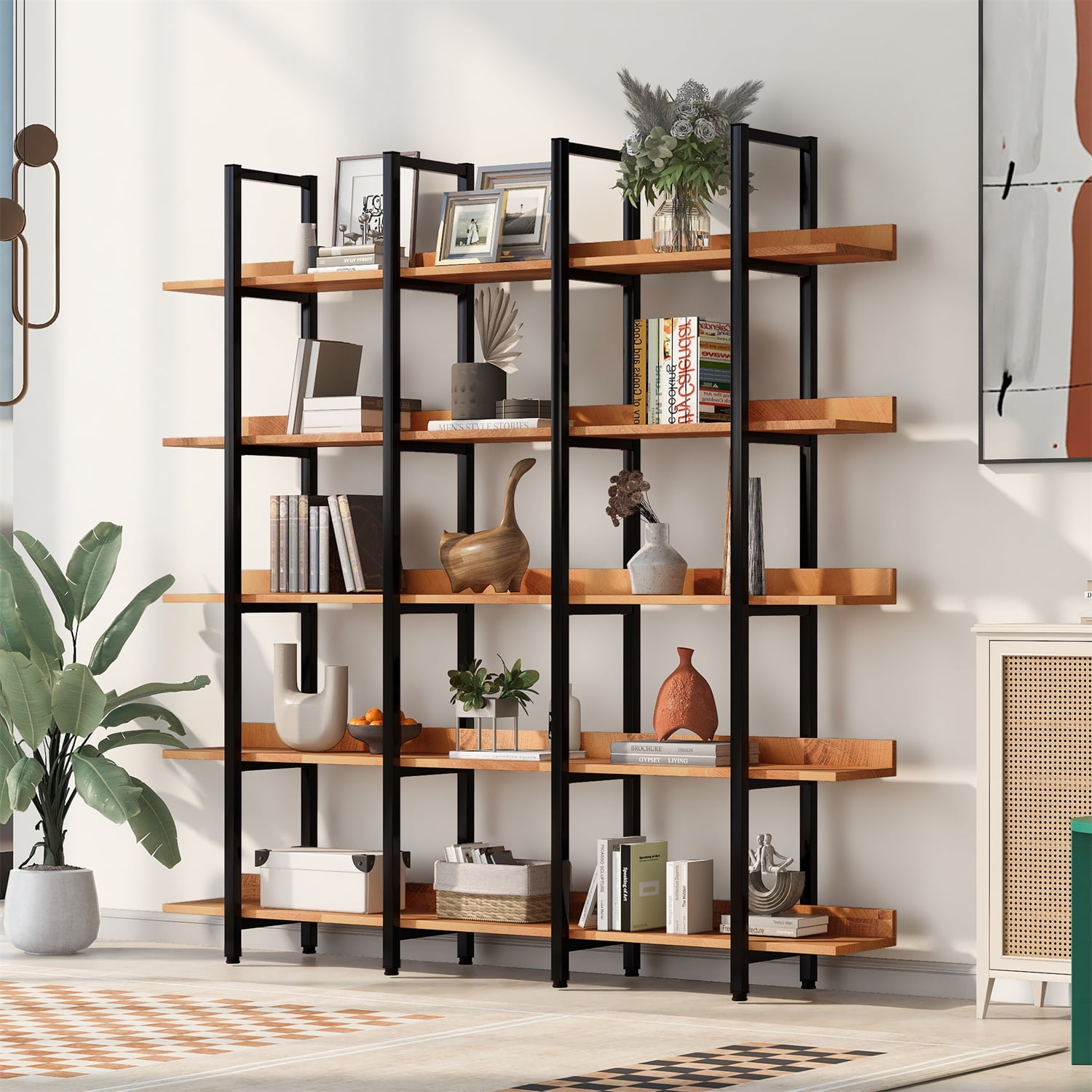 Pipishell 5-Tier Bookshelf, Tall Bookcase Storage Shelf Organizer with  Steel Frame, Decorative Industrial Display Shelf, Multipurpose Storage Rack  for