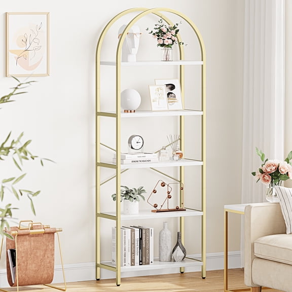 5 Tier Bookshelf, Industrial Gold Bookcase with Metal Frame, Bookcase for Office Organization and Storage, Modern Storage Rack Shelf for Office,Bedroom Kitchen Living Room