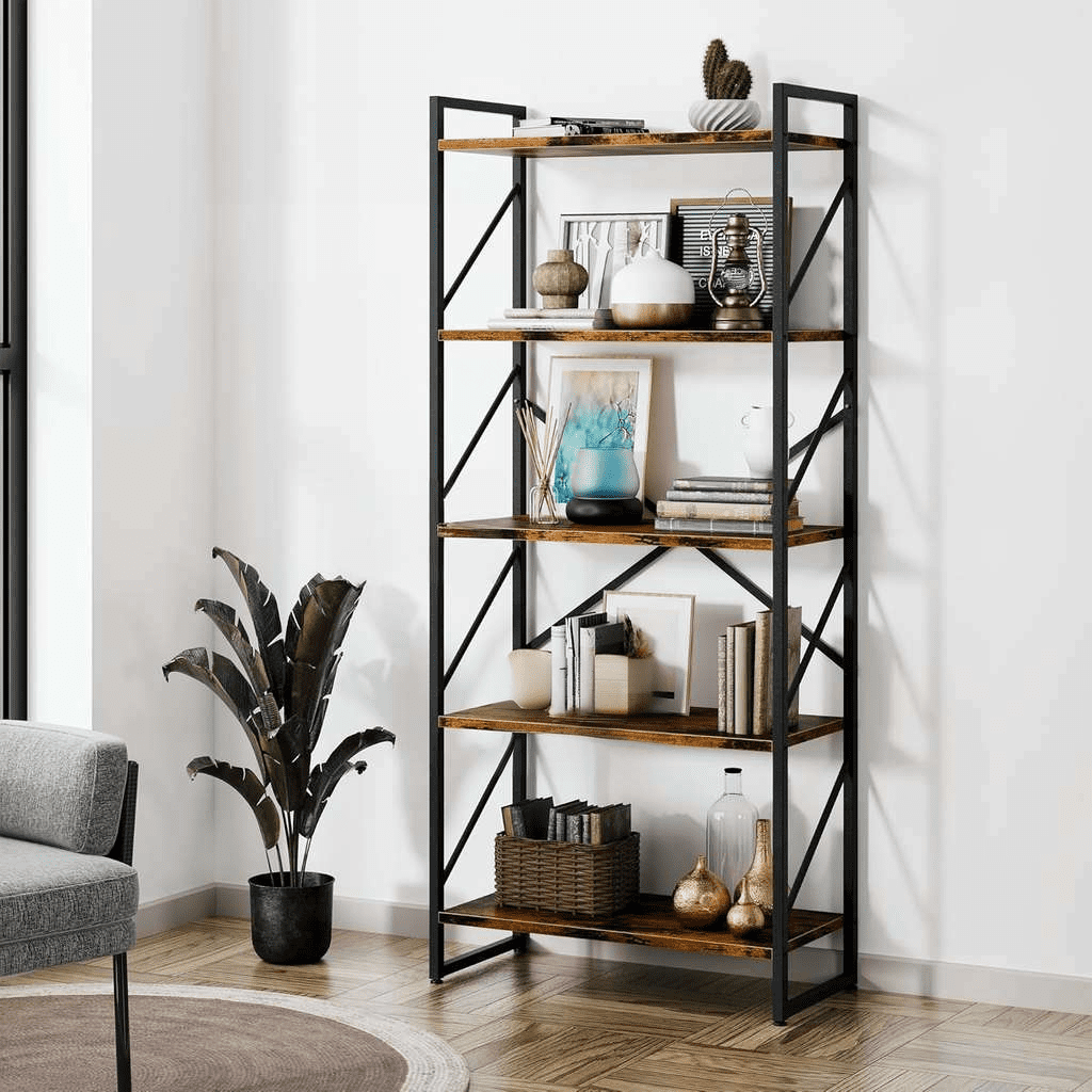 5 Tier Bookshelf Industrial Style Storage Rack Rustic Brown Bestseling ...