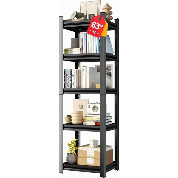5-Tier Bookshelf, Metal Book Shelf, Adjustable Bookcase, Tall Shelves in Living Room/Home/Office/Kitchen/Bedroom, Storage Organizer for CDs/Books/Movies, Modern, Black