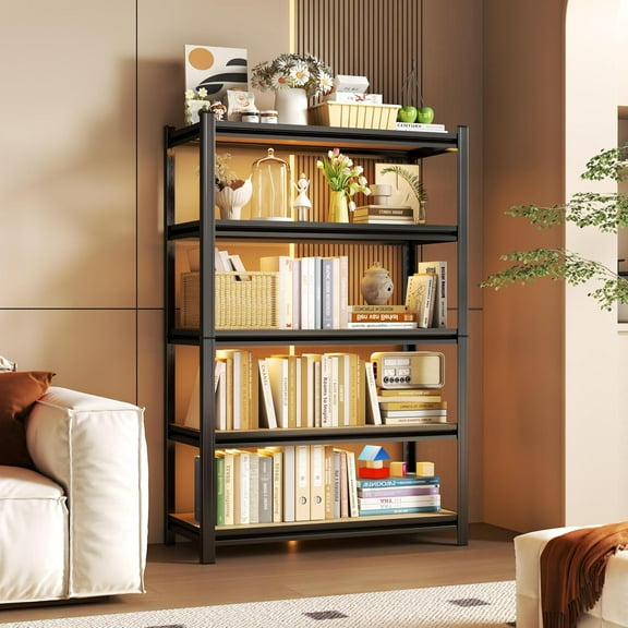 5-Tier Bookshelf, Metal Bookcase with Adjustable Storage Shelves, Easy Assembly Shelf with Fences, Modern Bookshelf for Living Room, Bedroom and Home Office, Black (35.4" W*15.7" D*72" H)