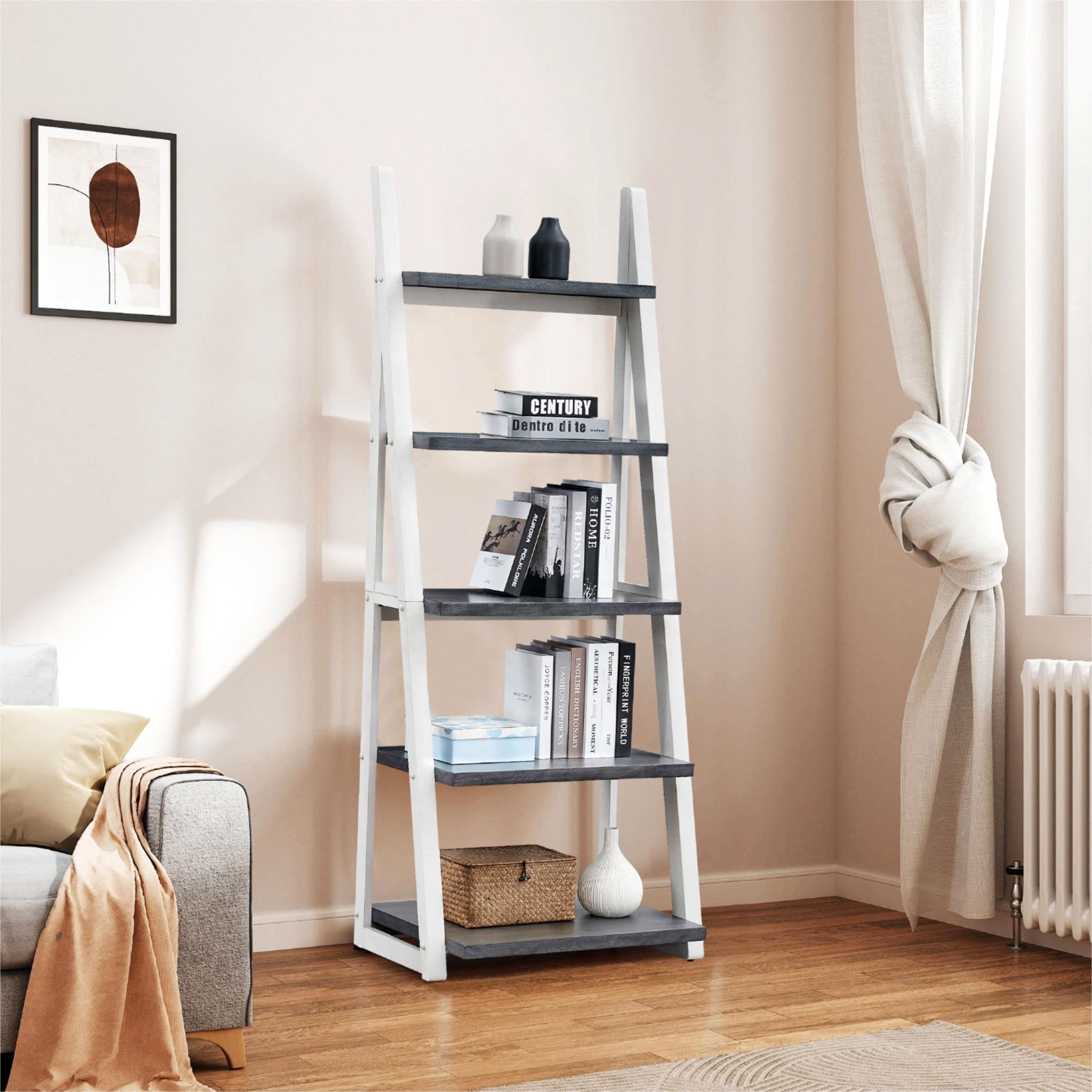 5-Tier Bookshelf,Modern Ladder Bookcase,5 Shelves Storage Rack Ladder Shelf for Living Room, Home Office,White