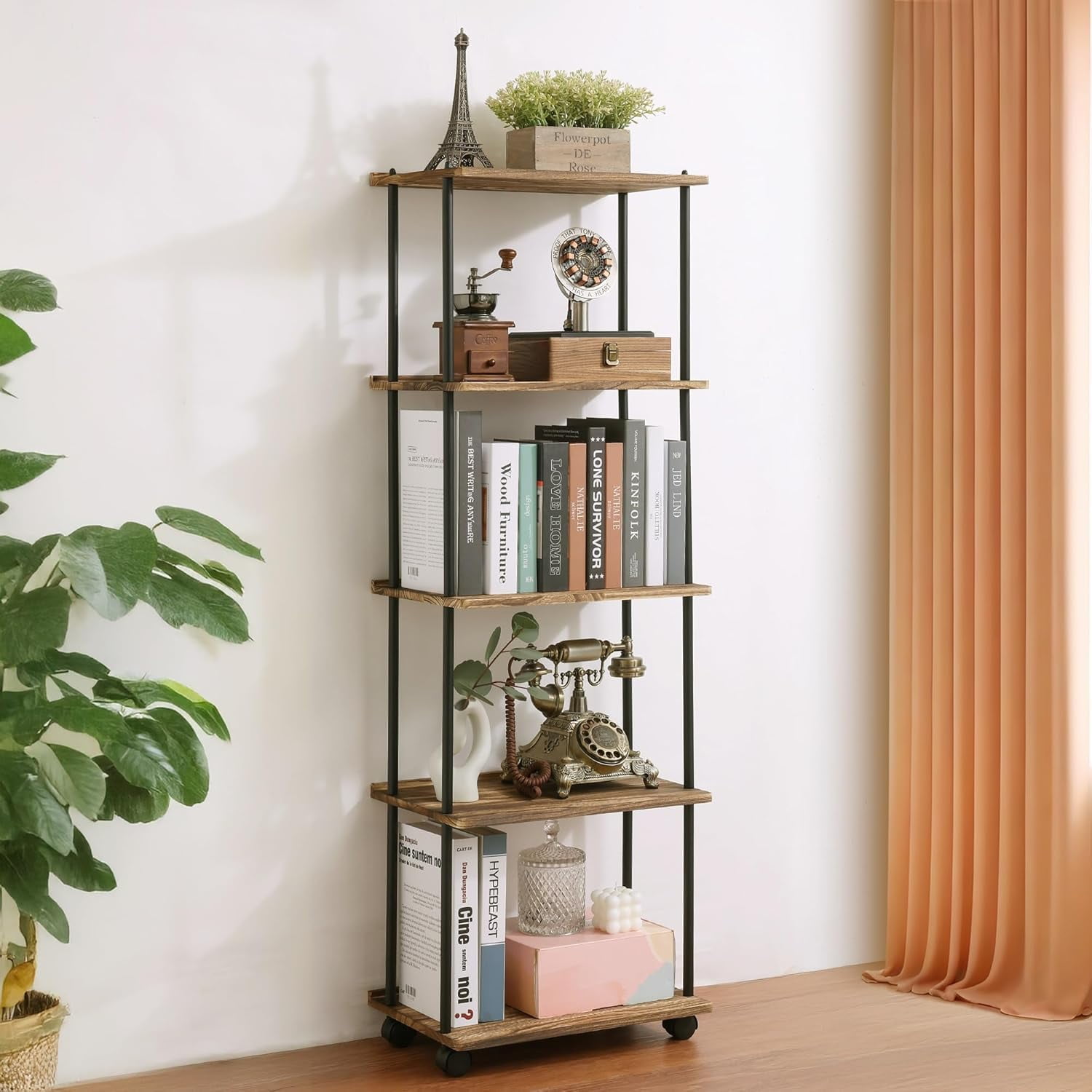 5 Tier Bookshelf, Movable Narrow Bookcase with Lockable Wheels, Free ...