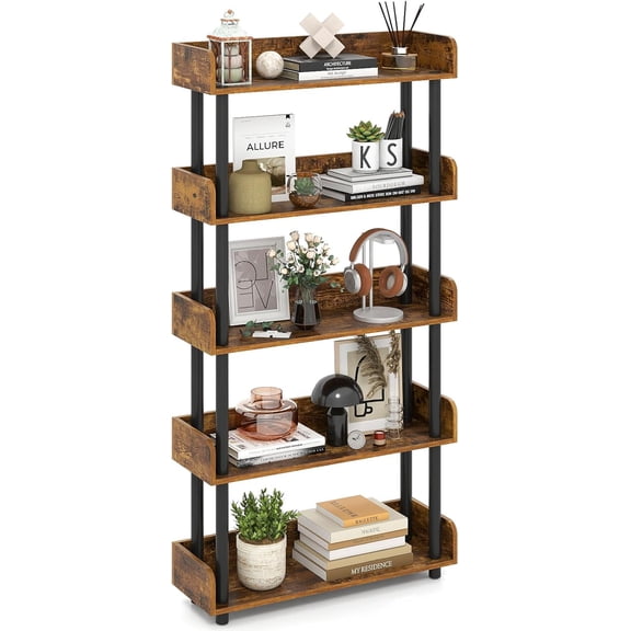 5-Tier Bookshelf, Multipurpose Wood Standing Display Rack with Back and Side Panels, Industrial Open Bookcase, Storage Organizer for Living Room Kitchen Office (Rustic Brown, 1 Pack, 5-Tier)