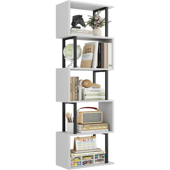 5-Tier Bookshelf, Narrow S-Shaped Geometric Bookcase, Wood Decorative Storage Shelving, Modern Freestanding Display Shelves, Book Shelf Unit for Living Room Bedroom Home Office, White