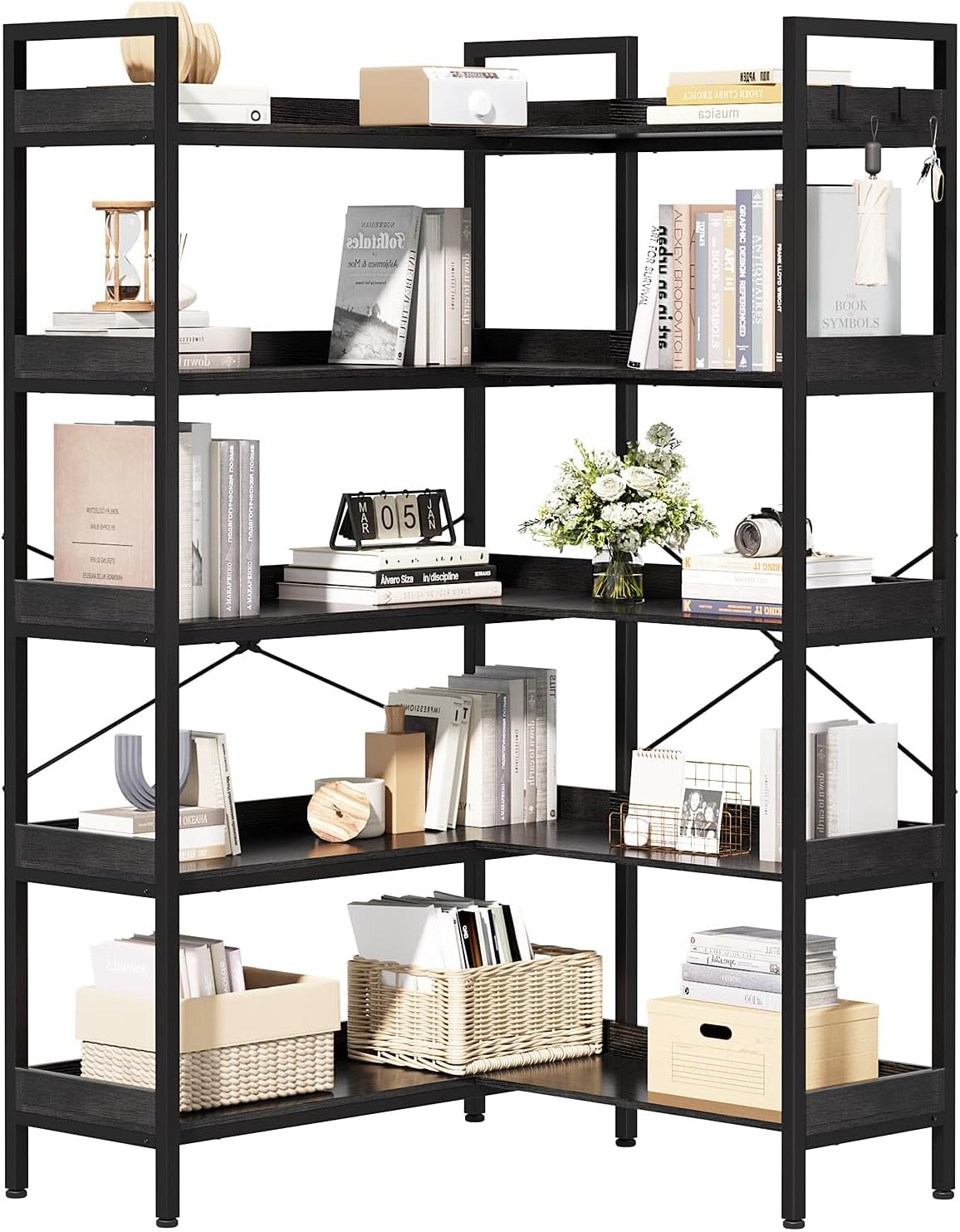 5-Tier Bookshelf Reversible,Corner Bookcase 4 Hooks,65
