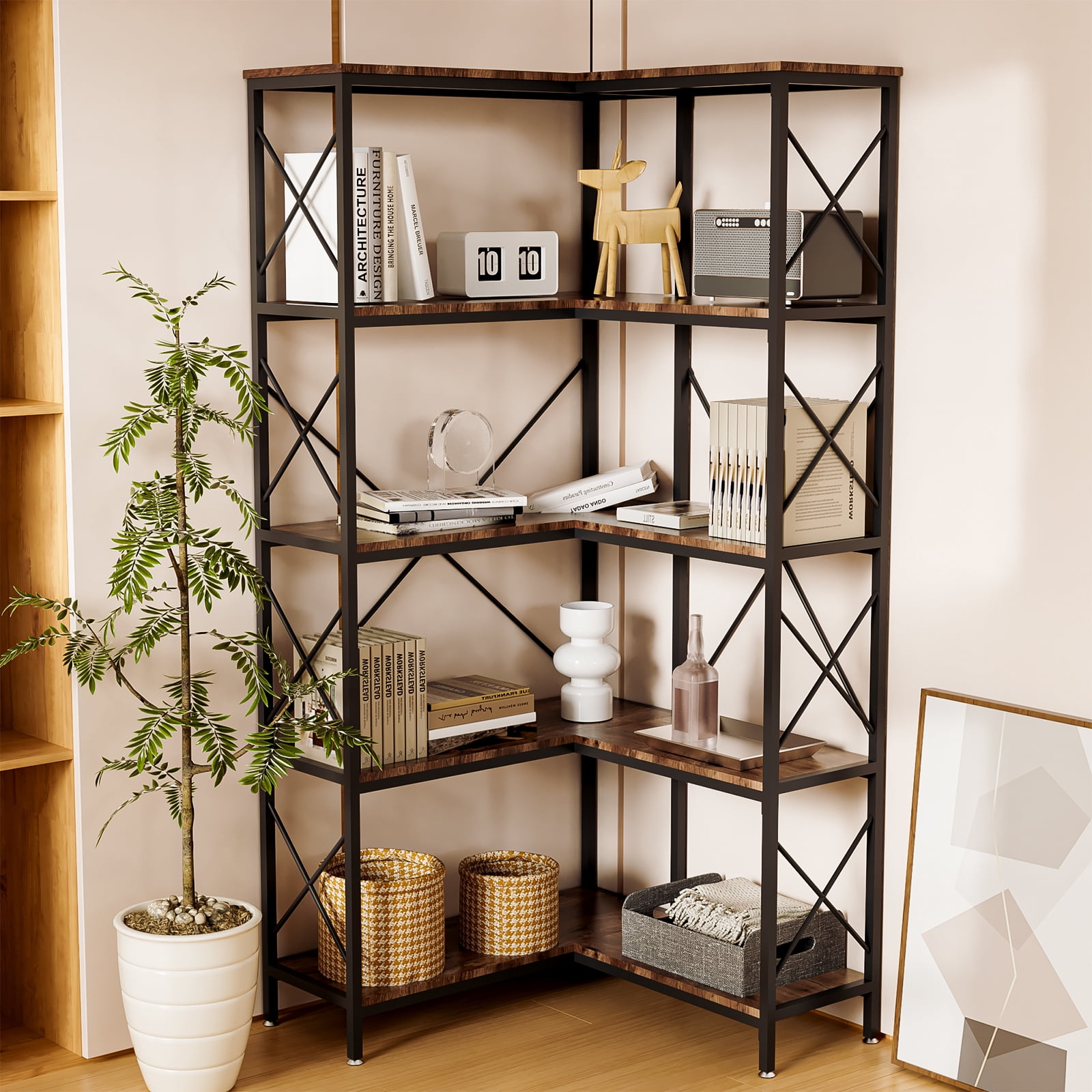 5-Tier Bookshelf, Reversible Corner Bookcase, 68