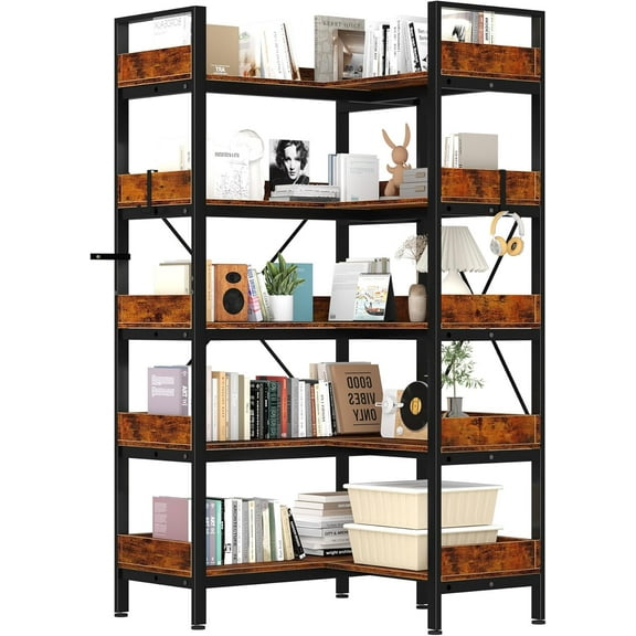 5 Tier Bookshelf, Reversible Corner Bookshelf, 65" Industrial Wooden l Shaped Bookcase with Open Shelves and Metal Frame, Corner Shelf Storage Rack with Baffles Etagere for Living Room Home Office