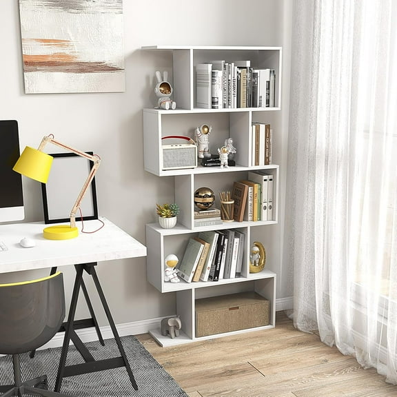 5 Tier Bookshelf, S Shaped Bookcase with Staggered Storage Shelves, Narrow Display Shelf, Librero para Habitacion, Tall Book Shelf for Bedroom, Living Room, Home Office (White)