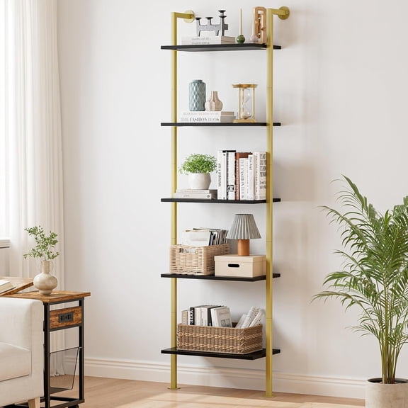 5-Tier Bookshelf Solid Ladder Shelf, Narrow Book Shelf Display Shelf, Wooden Bookcase, Wall Mount Ladder Shelf, Storage Rack for Living Room, Bedroom, Industrial Style, Black&