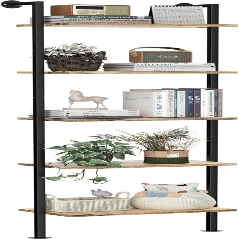 Rustic Brown Solid Wood and Metal 5-Tier Ladder Shelf