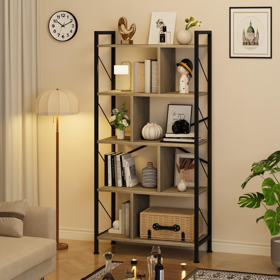 5 Tier Bookshelf with Storage, 61 Inch Tall Industrial Book Shelf with Open Display Bookshelves, 5 Shelf Bookcase with Metal Frame for Living Room, Bedroom and Home Office