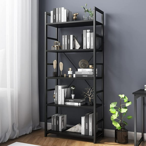 5 Tier Bookshelf, Tall Book Shelf, Vintage Industrial Bookcase with Open Display Shelves, Wood Storage Shelving Unit Metal Frame Standing Bookshelves for Bedroom/Home/Office, Black