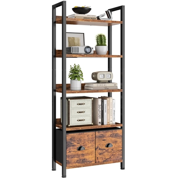 5-Tier Bookshelf, Tall Bookcase with 2 Storage Drawers, Industrial ...