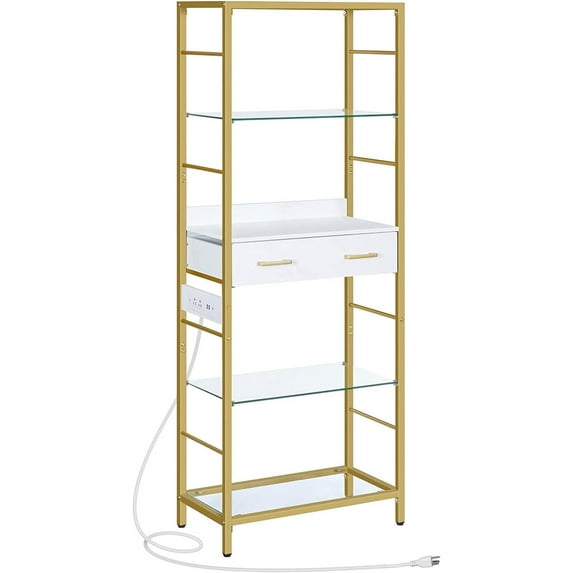 5 Tier Bookcase with Charging Station, White and Gold Bookshelf with Drawer, Storage Shelves, Tempered Glass Bookshelf with Metal Frame, Open Display Shelves for Living Room, Gold