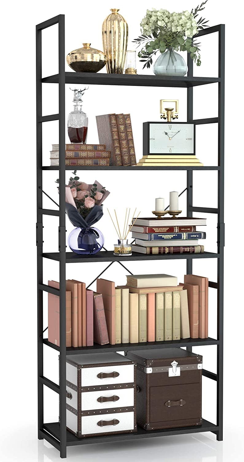 Tall Black Steel and Wood 5-Tier Bookshelf