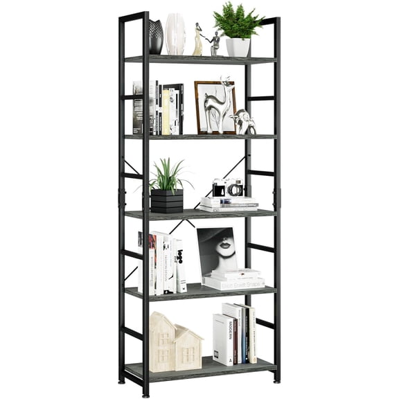 5 Tier Bookshelf, Tall Bookcase Shelf Storage Organizer, Modern Book Shelf for Bedroom, Living Room and Home Office, Dark Grey