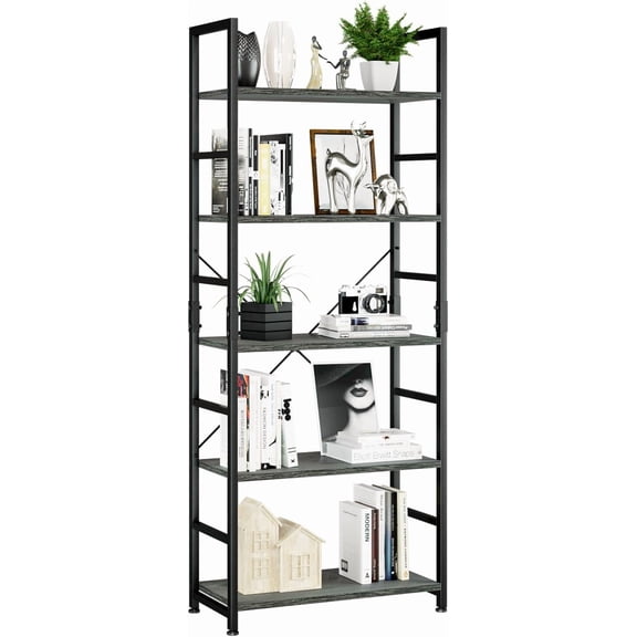 5 Tier Bookshelf, Tall Bookcase Shelf Storage Organizer, Modern Book Shelf for Bedroom, Living Room and Home Office, Dark Grey