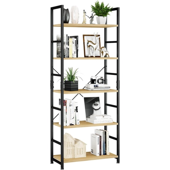 5 Tier Bookshelf, Tall Bookcase Shelf Storage Organizer, Modern Book Shelf for Bedroom, Living Room and Home Office, Natural