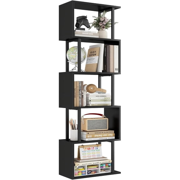 5-Tier Bookshelf, Tall S-Shaped Geometric Bookcase, Wood and Metal Decorative Storage Shelving, Modern Freestanding Display Shelves, Book Shelf Unit for Living Room Bedroom Home Office, Black