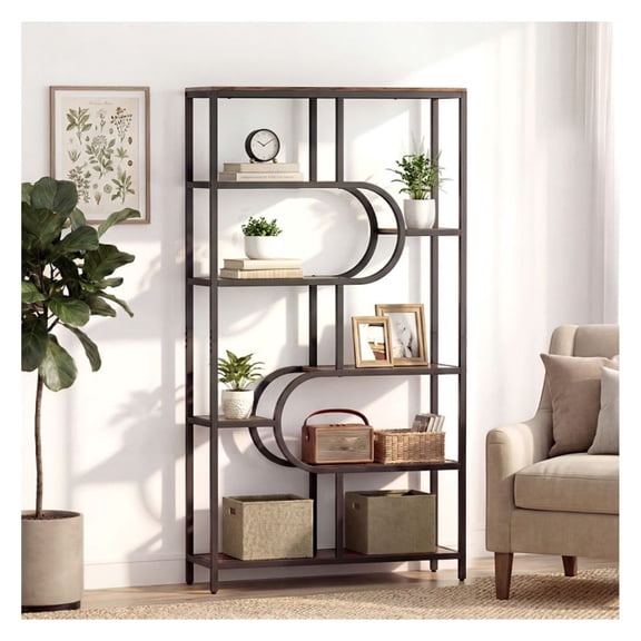 5-Tier Bookshelf U Shape Etagere Bookcase - Rustic Brown - Tall Open Storage Shelves - Living Room, Bedroom, Office - 69" Height