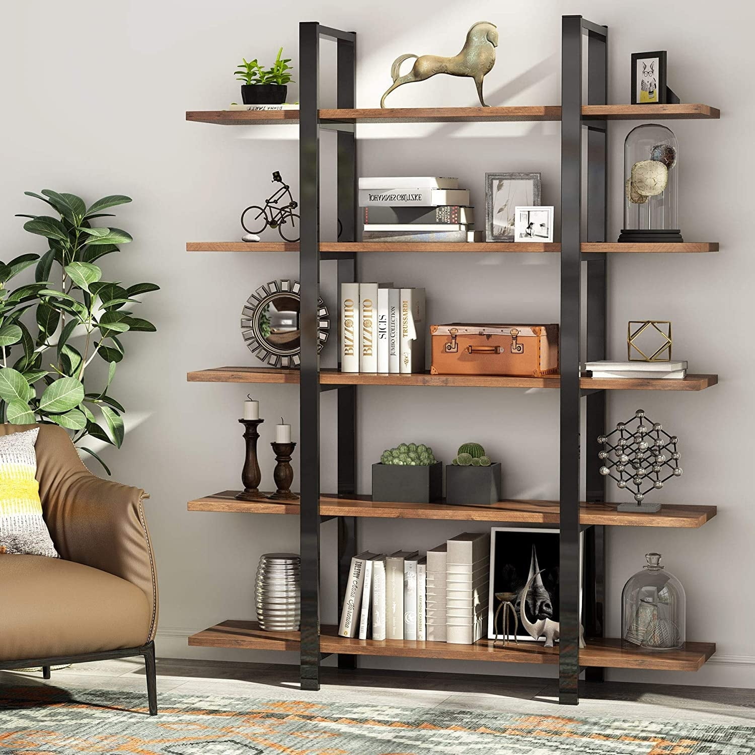 Vintage Industrial 5-Tier Black and Brown Metal Wood Bookshelf