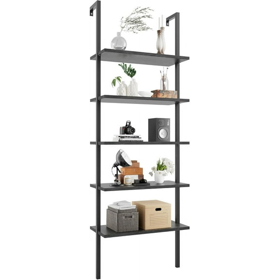 5-Tier Bookshelf Wall Mount Ladder Bookcase Industrial Standing Corner Bookshelf with Wood Board and Metal Frame, Modern Tall Narrow Storage Organizer for Home Office (Black, 1 Piece)