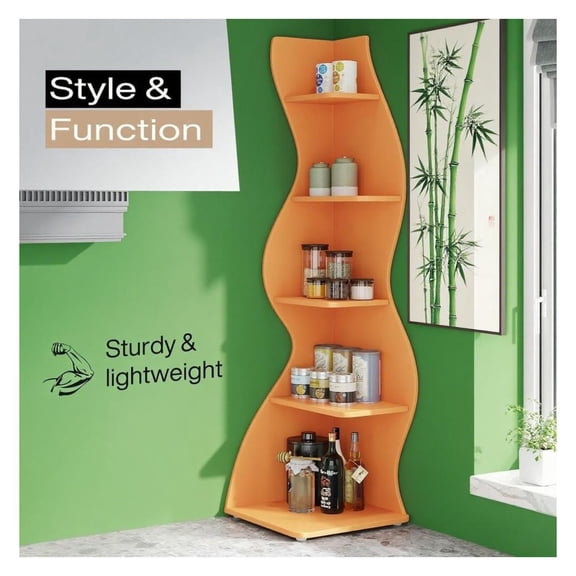 5 Tier Bookshelf, White Shelving Unit - Modern Corner Shelf for Home Office Living Room, Adjustable Storage Rack with Seagrass Baskets