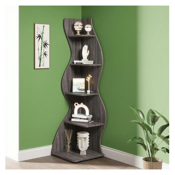 5 Tier Bookshelf - White Shelving Unit for Home Office - Modern Corner Bookcase with Sea Grass Baskets - Adjustable Open Storage Shelves