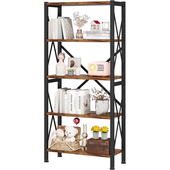 5-Tier Bookshelf,Wood Bookcase,Book Shelf with Steel Frame, Storage Rack with Open Shelves, Rustic Standing Bookshelves Ladder Shelf 110lbs/shelf for Bedroom,Living Room and Home Office