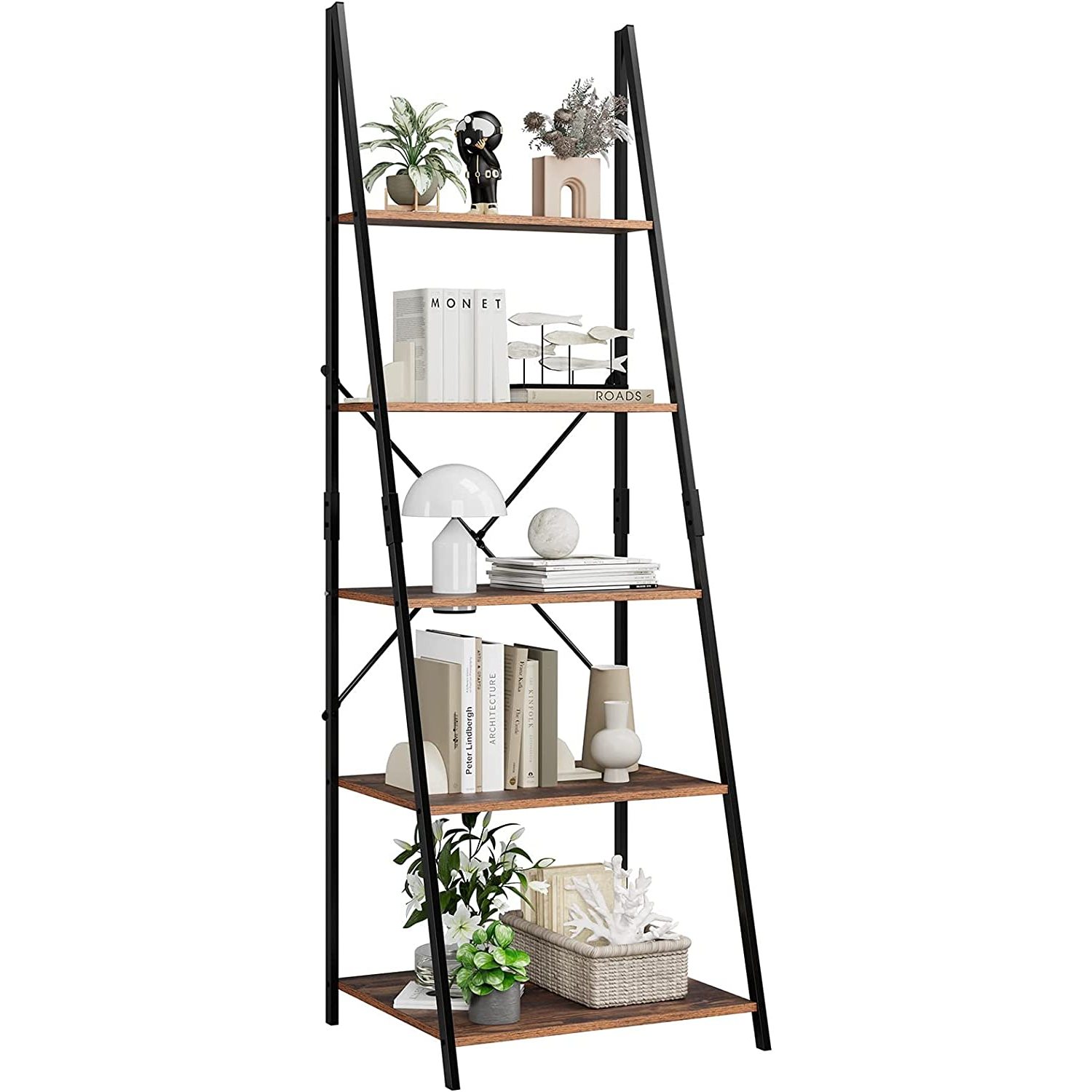 5Tier Bookshelf, Wood Bookcase with Metal Frame, Open Ladder Shelf