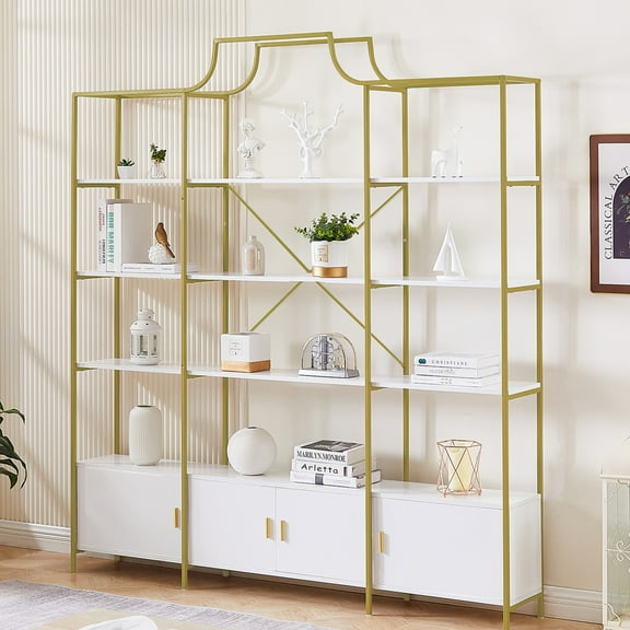 5 Tier Bookshelf with Doors, Industrial Gold Bookshelf and Bookcase with 3 Cabinets, Tall Bookshelf Organizer, Bookcase Shelf for Living Room
