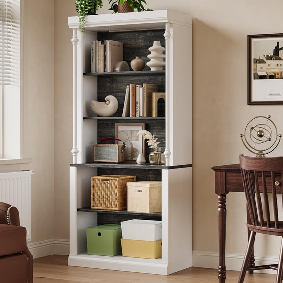 5-Tier Bookshelf with LED Lights, Adjustable Shelves, Roman Column Display Bookcase for Living Room, Bedroom, White